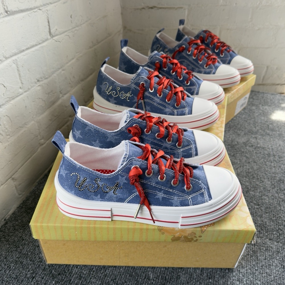 Very G Aman USA Dark Denim Star Studded Sneakers Red Glitter Laces VGSP0323